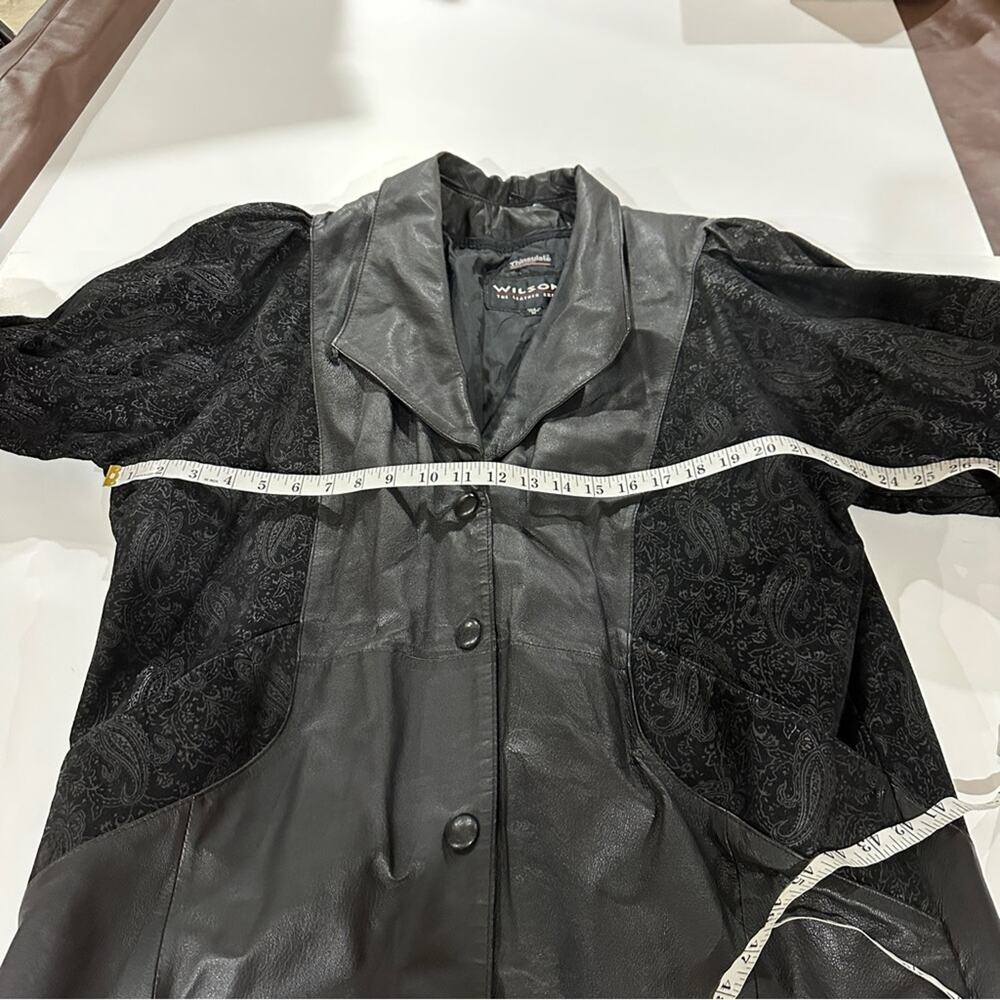 Vintage 80s Wilsons Black Leather Paisley Print Long Sleeve Coat Size M - Picture 12 of 13